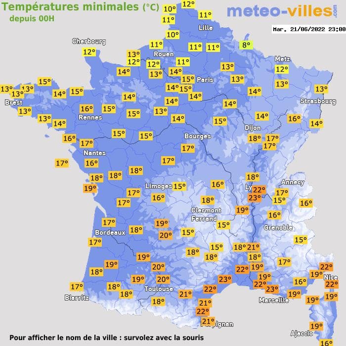 Températures minimales (°C) depuis 00h