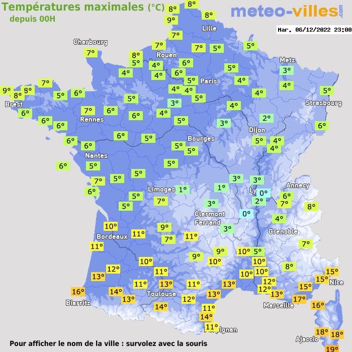 Températures maximales (°C) depuis 00h
