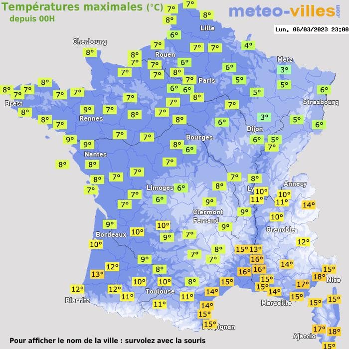 Températures maximales (°C) depuis 00h
