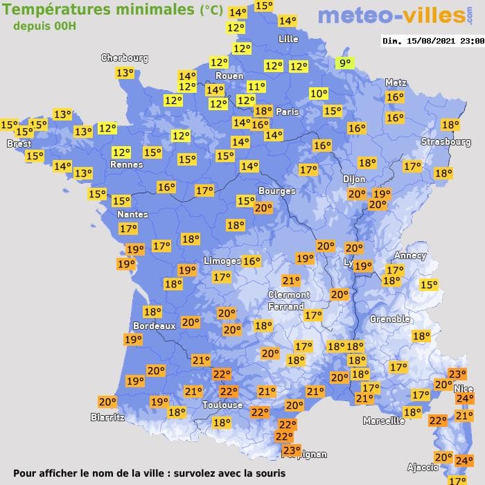 Températures minimales (°C) depuis 00h