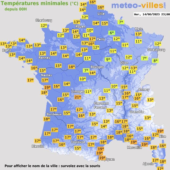 Températures minimales (°C) depuis 00h