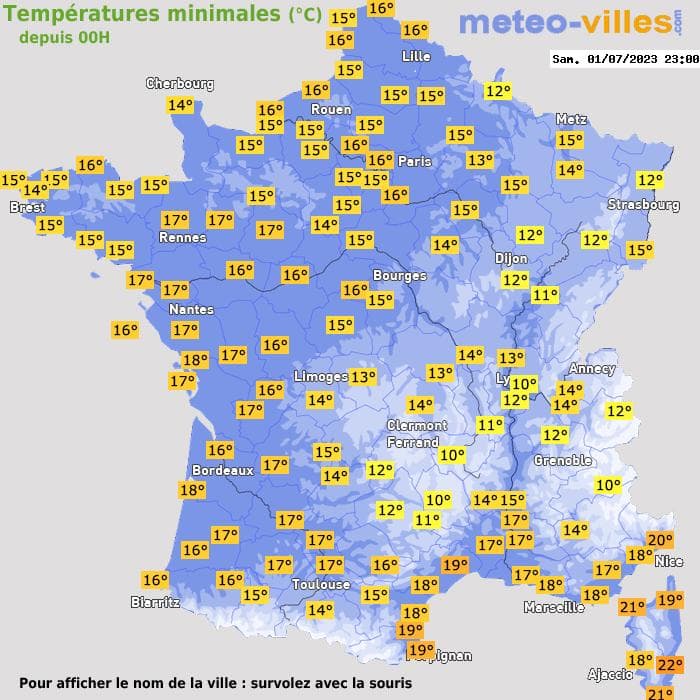 Températures minimales (°C) depuis 00h