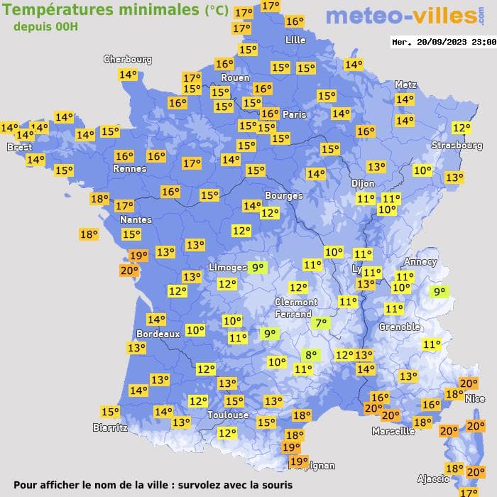 Températures minimales (°C) depuis 00h