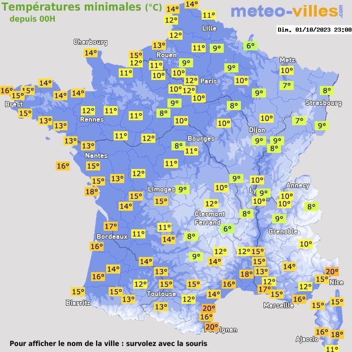 Températures minimales (°C) depuis 00h