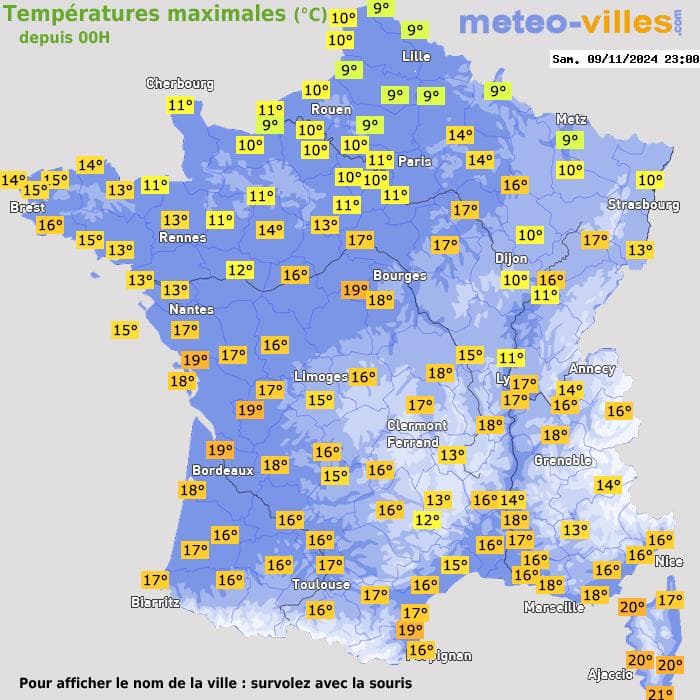 Températures maximales (°C) depuis 00h