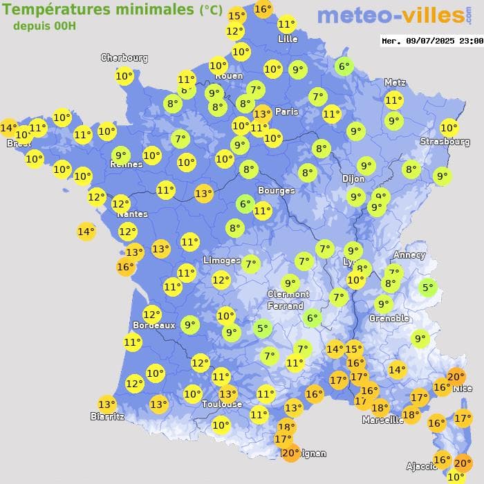 Températures minimales (°C) depuis 00h