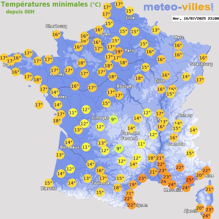 Températures minimales (°C) depuis 00h