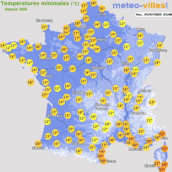 Températures minimales (°C) depuis 00h