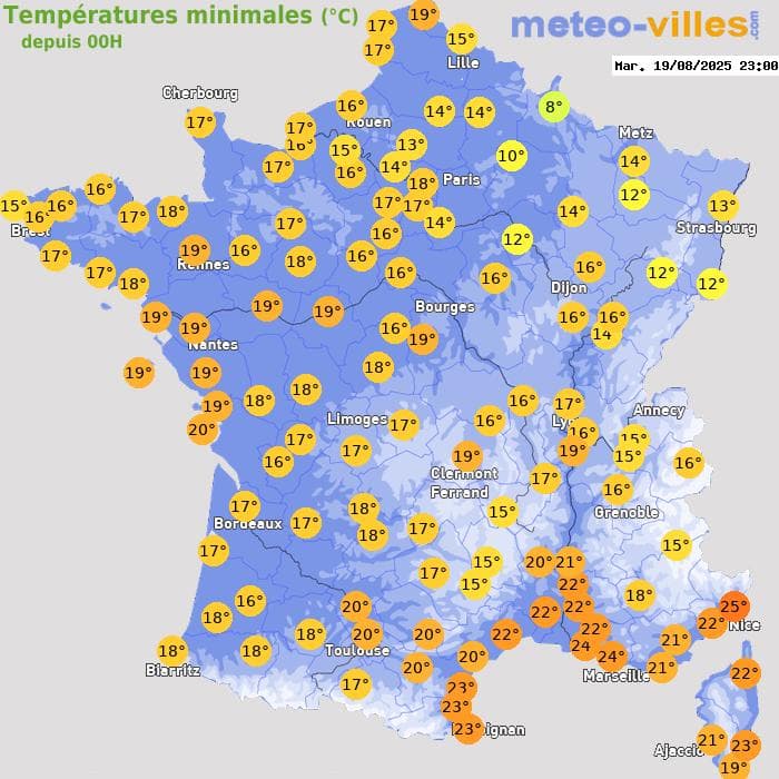 Températures minimales (°C) depuis 00h