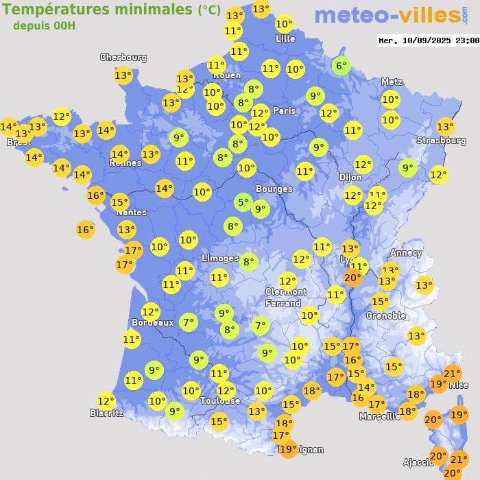Températures minimales (°C) depuis 00h